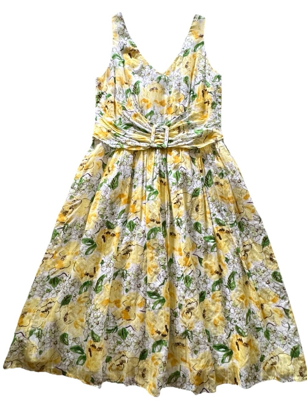 Robbie Bee 10 Yellow Floral Cotton Midi Dress Retro Cottagecore Fit Flare
